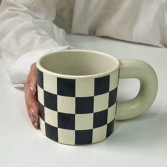 Checkered Ceramic Large Handle Coffee Mug - patchandbagel