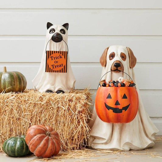  Puppy Pumpkin Candy Bowl & Cat Halloween Ornament 