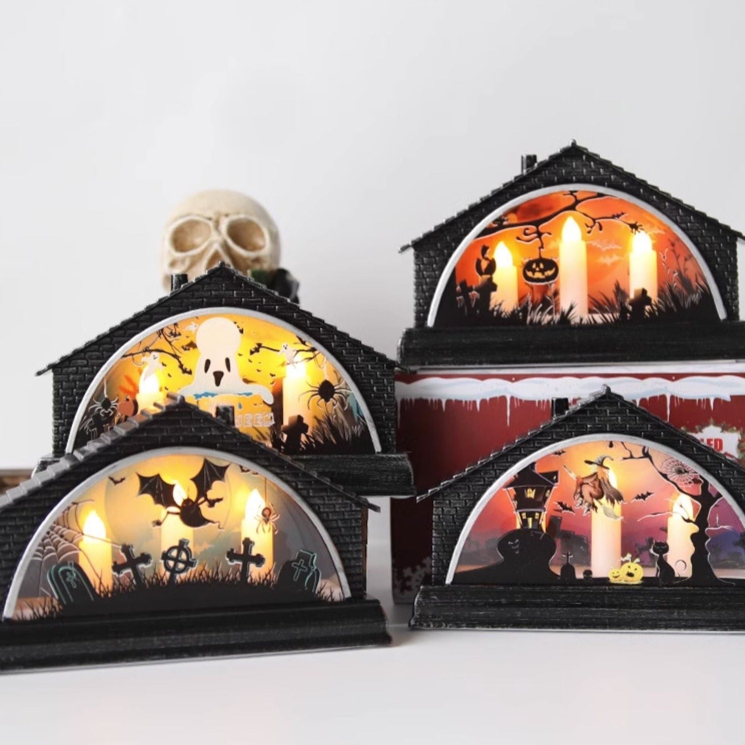 Vintage LED Halloween Glow House with Trio Candle Lights - patchandbagel